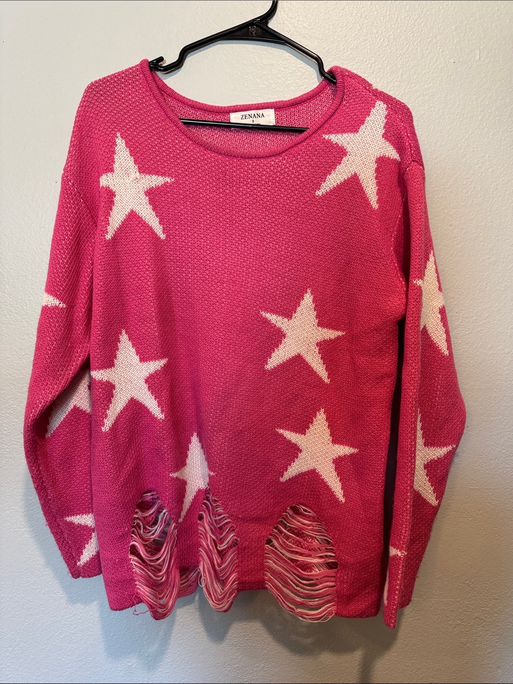 Zenana Hot Pink Star Distressed Crewneck Sweater
